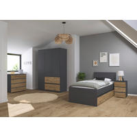 JUGENDZIMMER Joel in Grau Metallic und Artisan Eiche 4 teilig – mit 3türigem Kleiderschrank ohne Spiegel, 90er Jugendbett, Nachttisch und Kommode - Grau, Holzwerkstoff (80/200/120cm)
