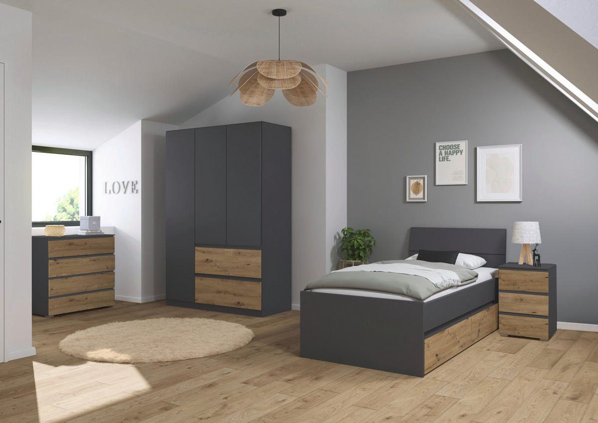 JUGENDZIMMER Joel in Grau Metallic und Artisan Eiche 4 teilig – mit 3türigem Kleiderschrank ohne Spiegel, 90er Jugendbett, Nachttisch und Kommode - Grau, Holzwerkstoff (80/200/120cm)