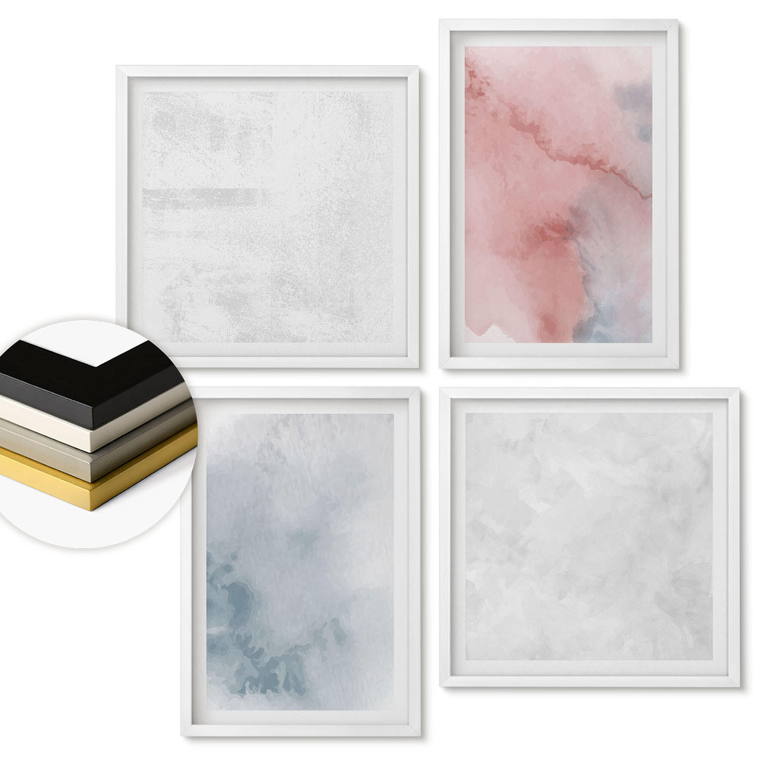 WANDBILDER 4er-Set - 50x50 cm & 40x60 cm Weißer Rahmen - Pastellfarbene Aquarelltexturen - Weiß, Kunststoff (50/50cm) - ArtPrintCave