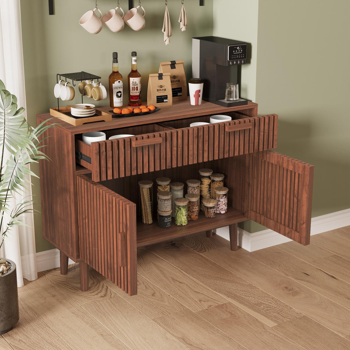 SIDEBOARD Nussbaumfarben 100cm Kommode mit 2 Türen 2 Schubladen Landhaus modern - Nussbaumfarben, Holz (100/80/35cm)