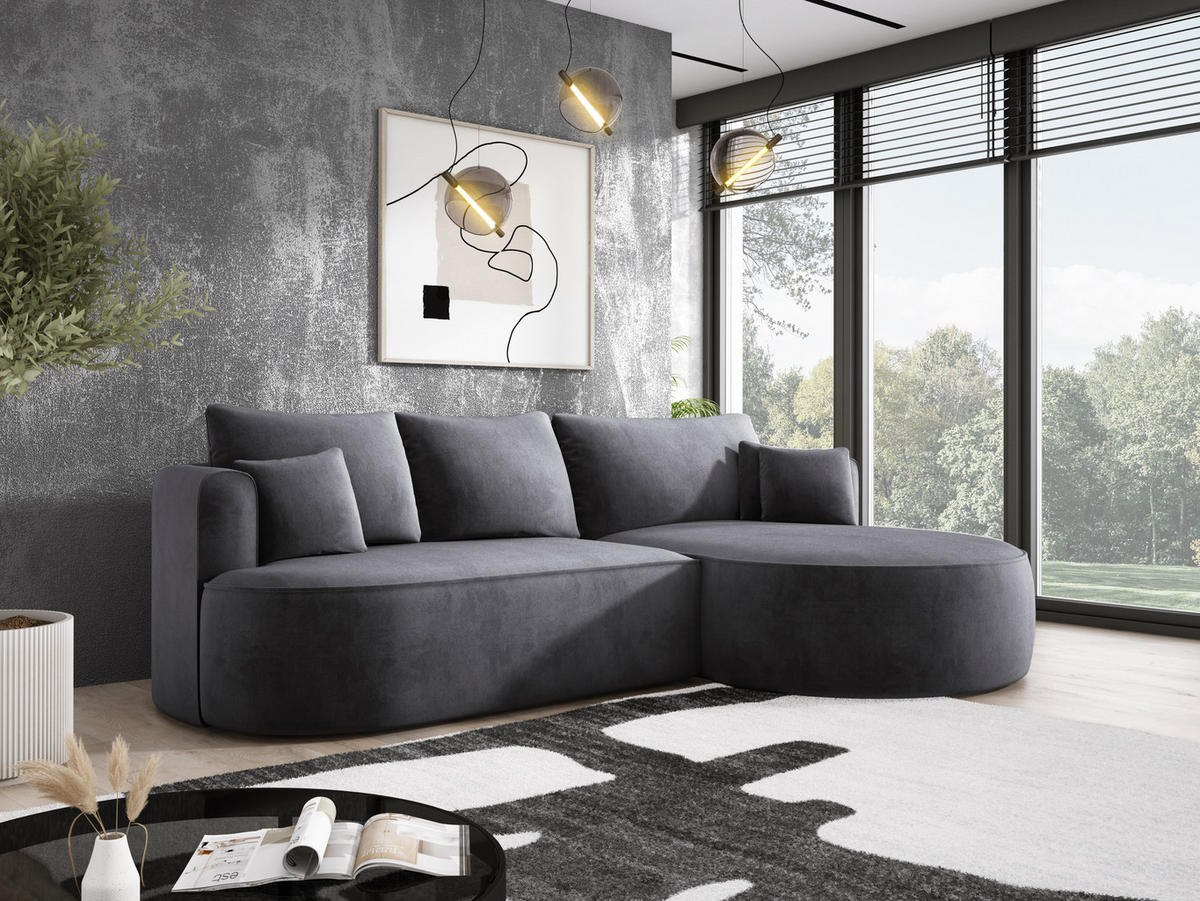 ECKSOFA FIORE L-förm Moderne Ausziehbare Schlaf-Funktion, automatischer Auffaltung, lose Rückenkissen freistehend RECHTS 284x183x82cm Silver - Silberfarben, Holz/Textil (284/183cm) - DomoHome