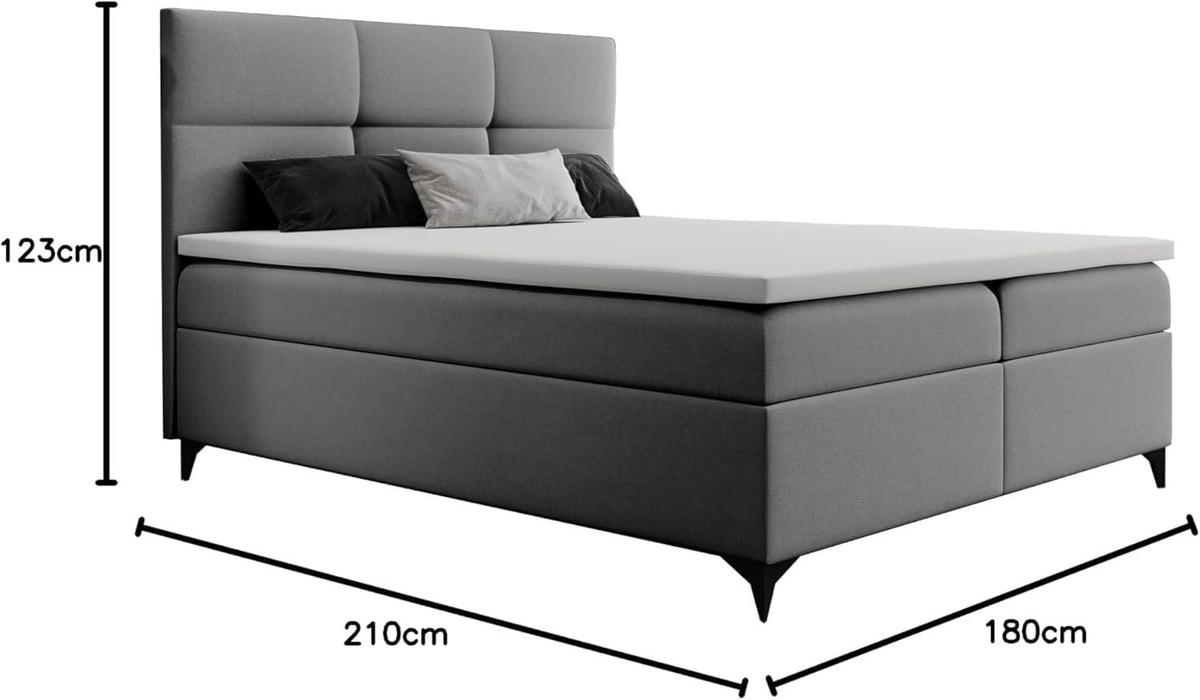 BOXBETT 180 x 200 cm mit Bettkasten und Bonellmatratze H3, LIMBA, mit Topper 5 cm und Metallfüße, Grau - Schwarz/Grau, Holzwerkstoff/Kunststoff (180/200cm) - Trada