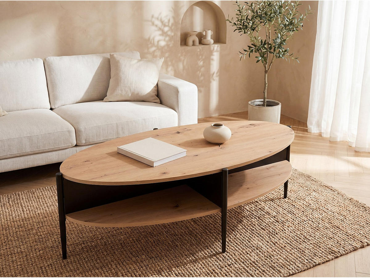 COUCHTISCH - 125 cm x 65 cm - Holz, Platte - Schwarz, Naturfarben Hell EVARO - Hellbraun/Schwarz, Holz (65/125/39cm) - Vente-Unique