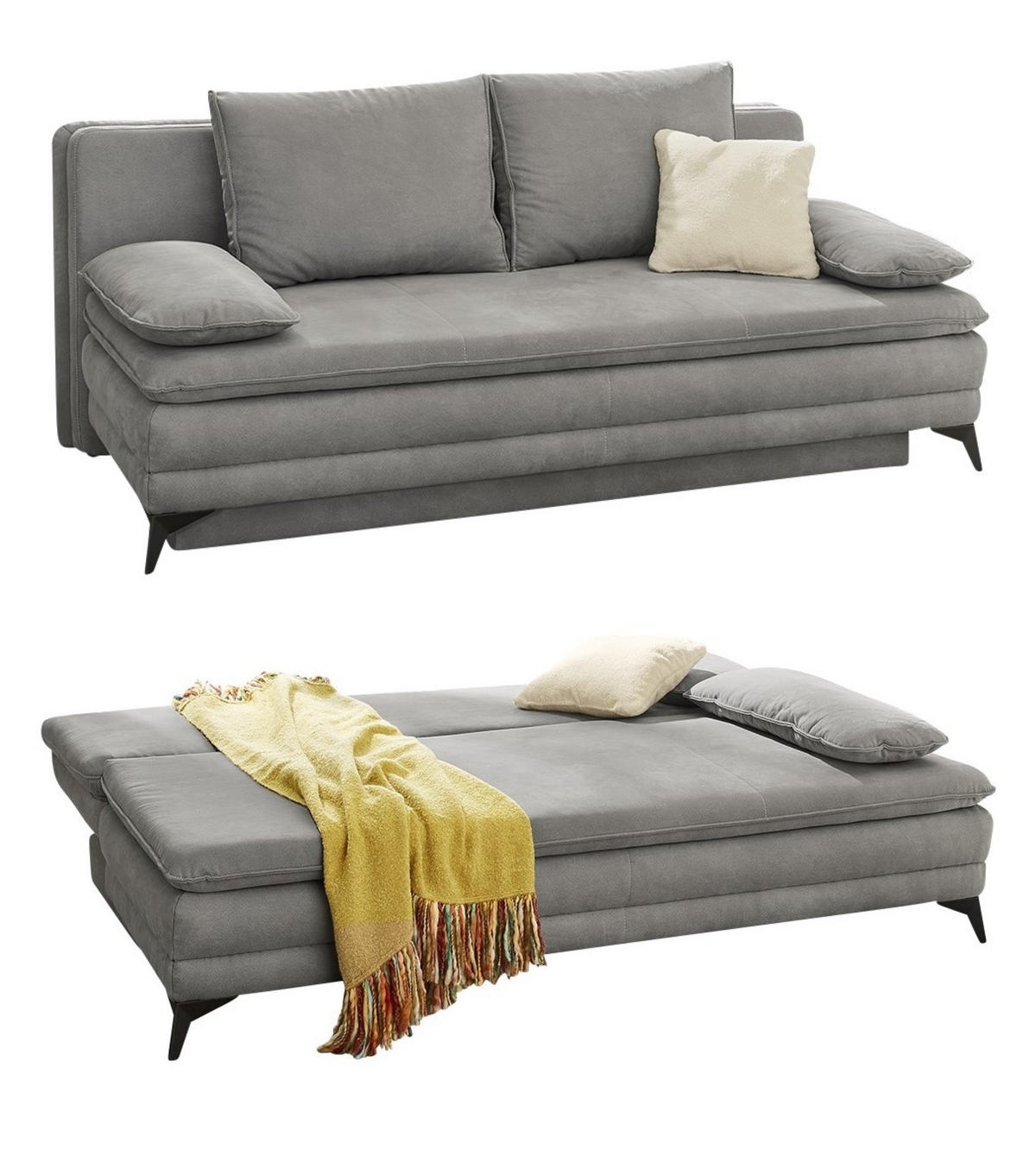 DAUER-SCHLAFSOFA Wellenunterfederung integr.Topper Bettkasten B202/T105/H90 cm, Liegefläche 158x199 cm, Mikrofaser Hellgrau / 15157 - Hellgrau/Schwarz, Textil/Metall (202/90/105cm) - luma-home