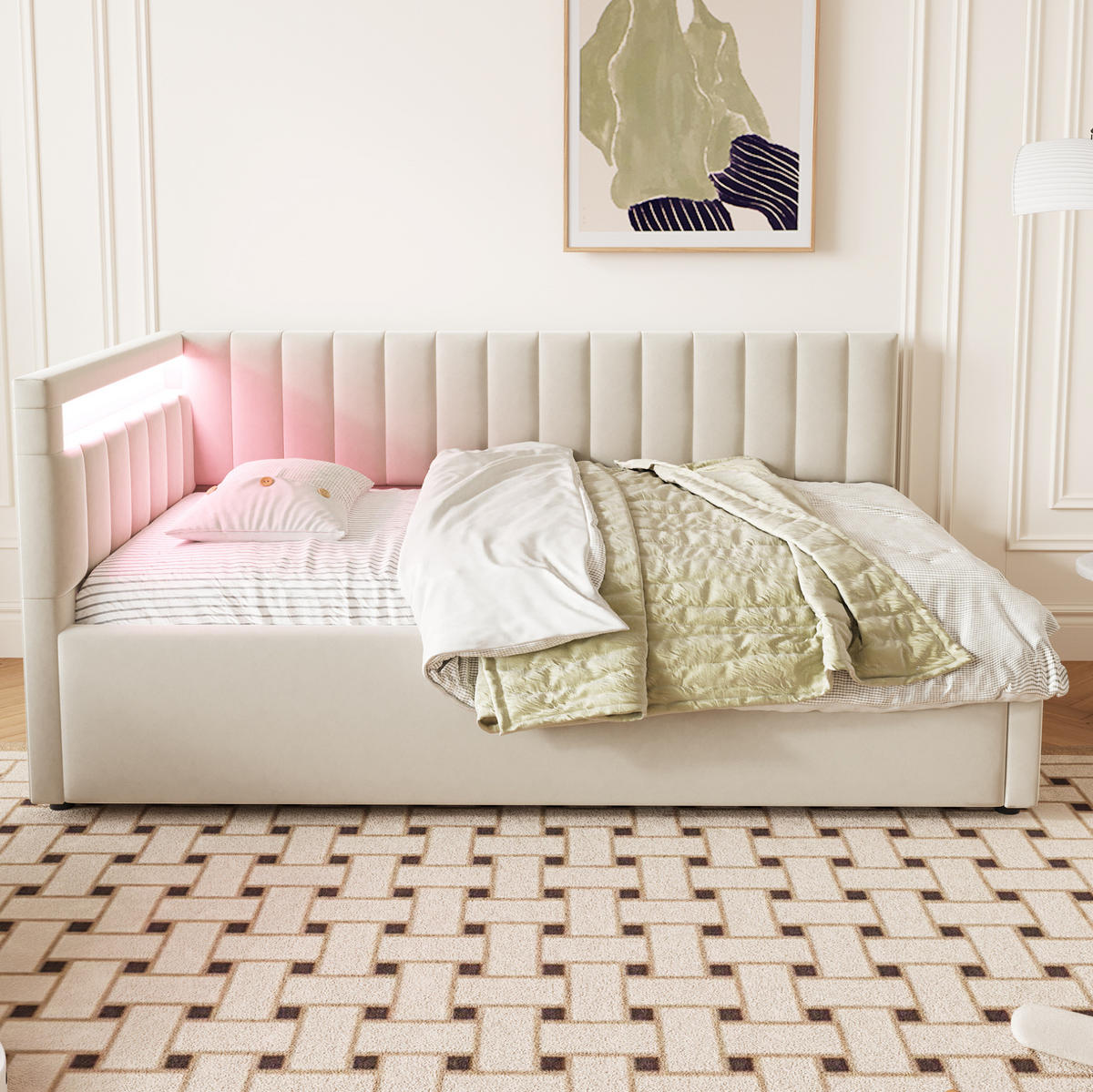 POLSTERBETT 90/200 cm Beige mit LED-Beleuchtung und Stauraum - Beige, Textil (90/200cm) - Flora Grace