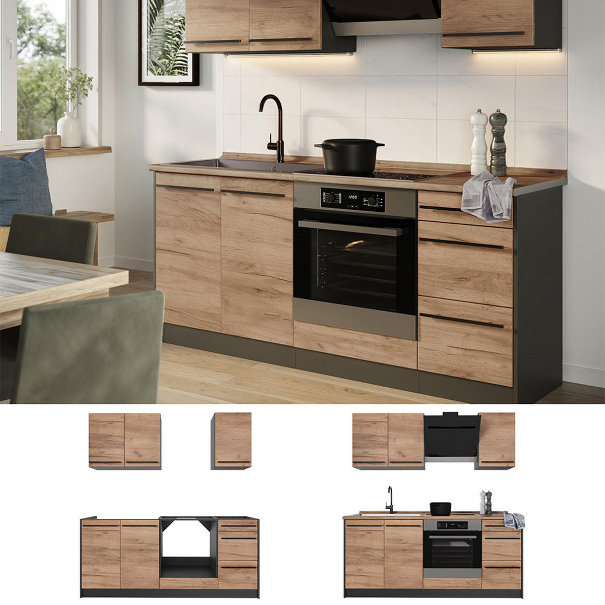 SINGLEKÜCHE R-Line, Goldkraft Eiche/Anthrazit, 180 cm Arbeitsplatte Marmor - Honigeiche/Anthrazit, Holzwerkstoff (180/206.8/60cm) - Vicco