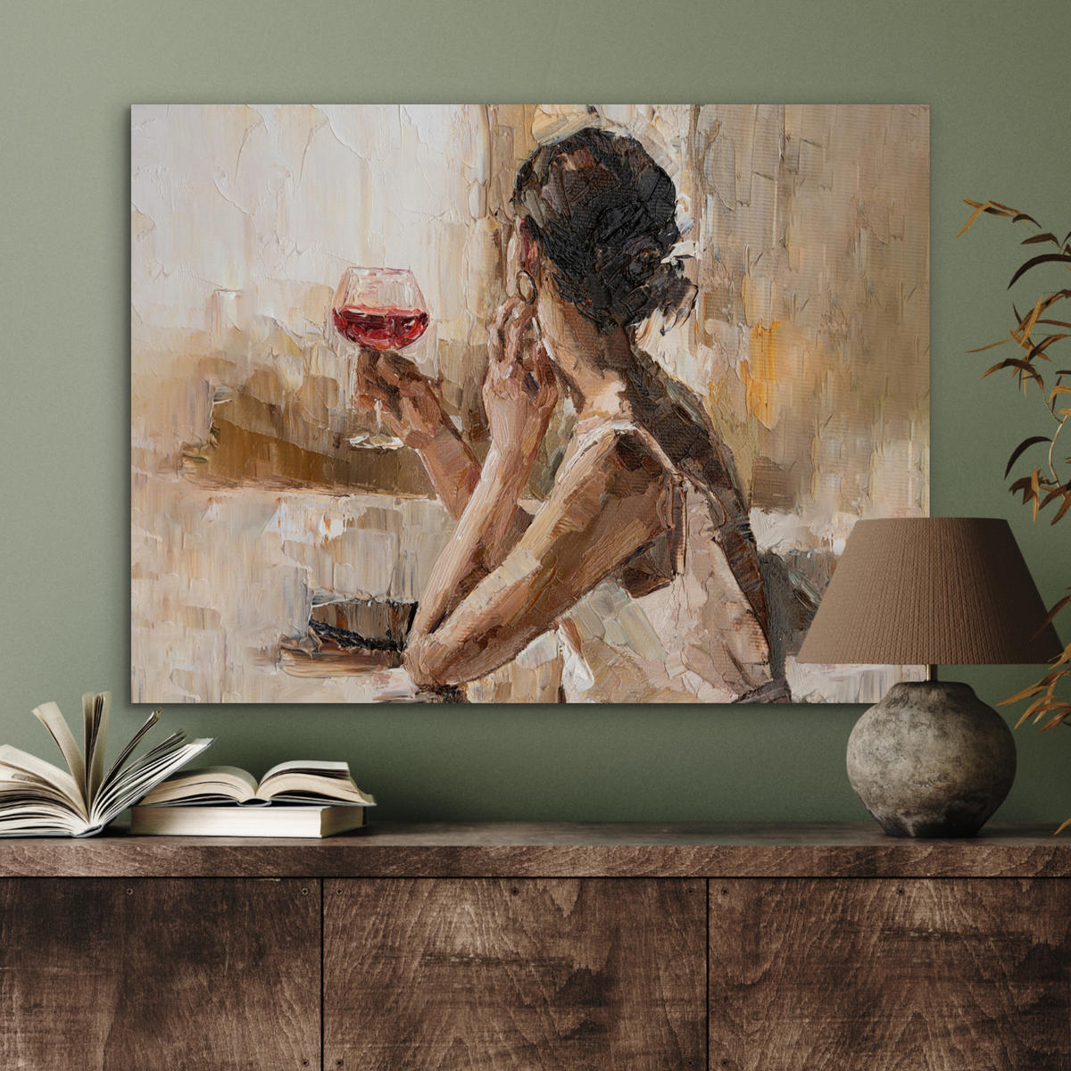 KOVOVÝ OBRAZ Olejomaľba - Žena - Víno 80x60 cm - svetlohnedá, kov (80/60cm) - MuchoWow