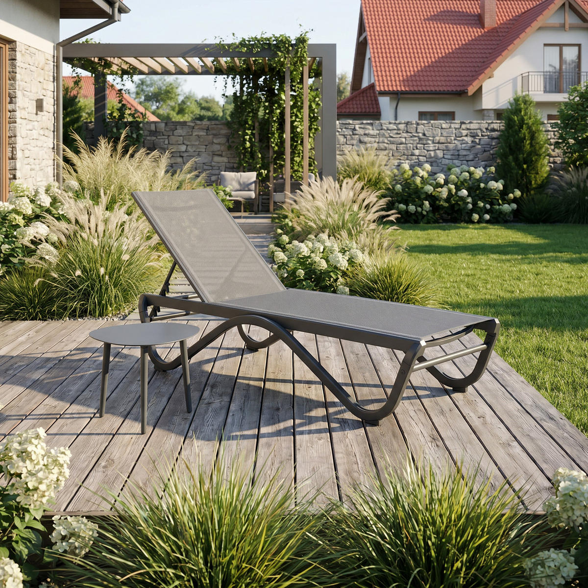 SOMNENLIEGE Marina, 5-stufige Verstellung der Rückenlehne, mit Tisch, Metallrahmen, Grau - Schwarz/Grau, Metall (58/33/133cm) - Beautysofa