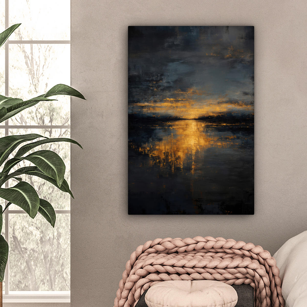 LEINWANDBILD Goldene Reflexion auf dem Wasser Wanddeko Schlafzimmer 60x90 cm - Anthrazit, Textil (60/90cm) - MuchoWow
