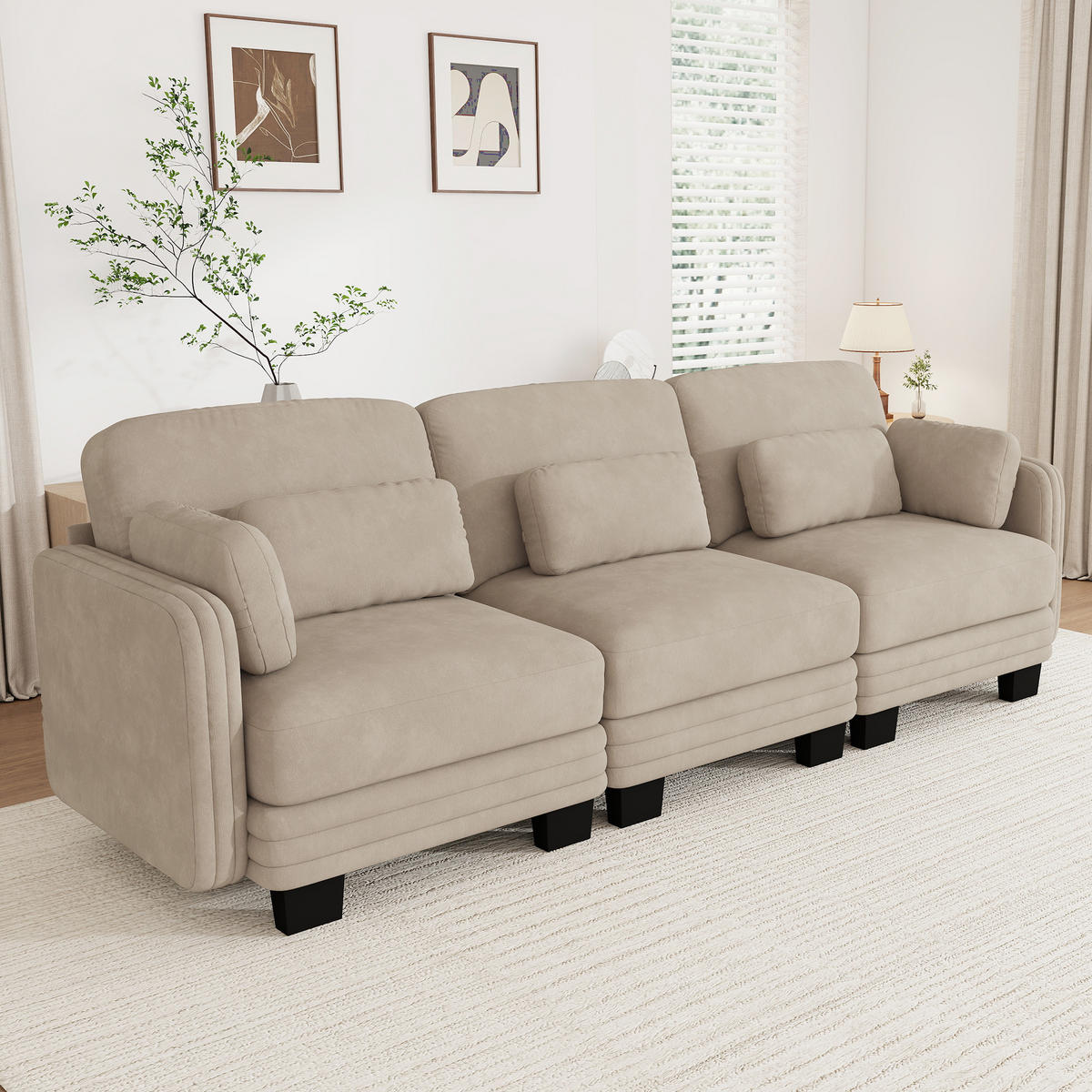 3-SITZER-SOFA Chenille mit Lenden- und Armkissen, DE-42686, Hellbraun - Hellbraun, Holz (253/88/88cm) - ComfortXL