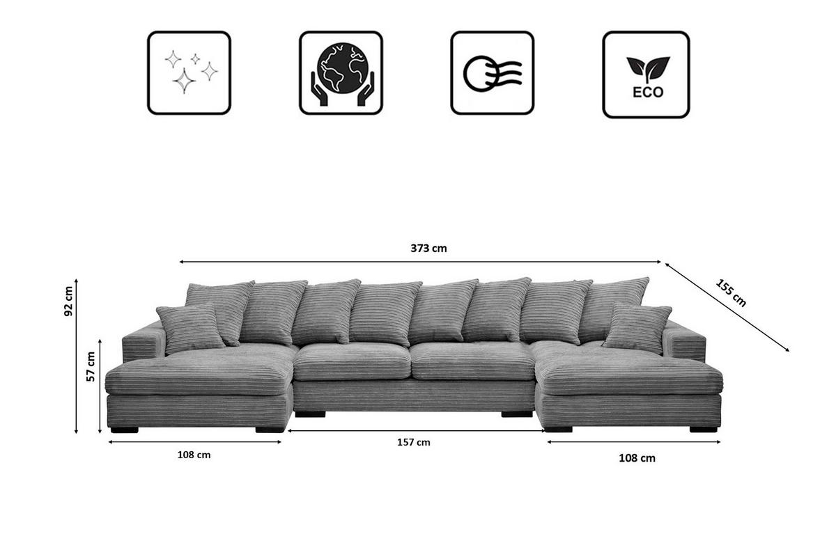 ECKSOFA mit Schlaffunktion und Bettkasten Couch U-form Gabon Stoff Zoom Grau - Grau, Holz (373/155cm) - Kaiser Möbel