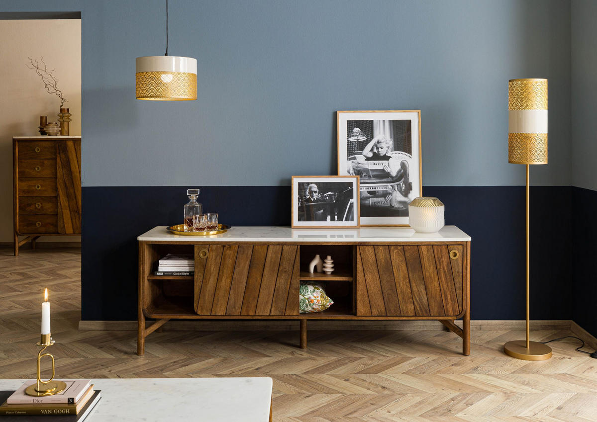 SIDEBOARD Mango 185x45x65 braun geölt / echter Marmor LOS ANGELES #06 - Braun, Holz (185/65/45cm) - Massivmoebel24