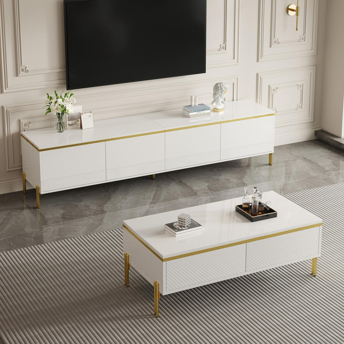TV- & COUCHTISCH-SET Hochglanz Goldkante Stauraum modern Luxus - Weiß, Holzwerkstoff (38/50/170cm) - FLIEKS
