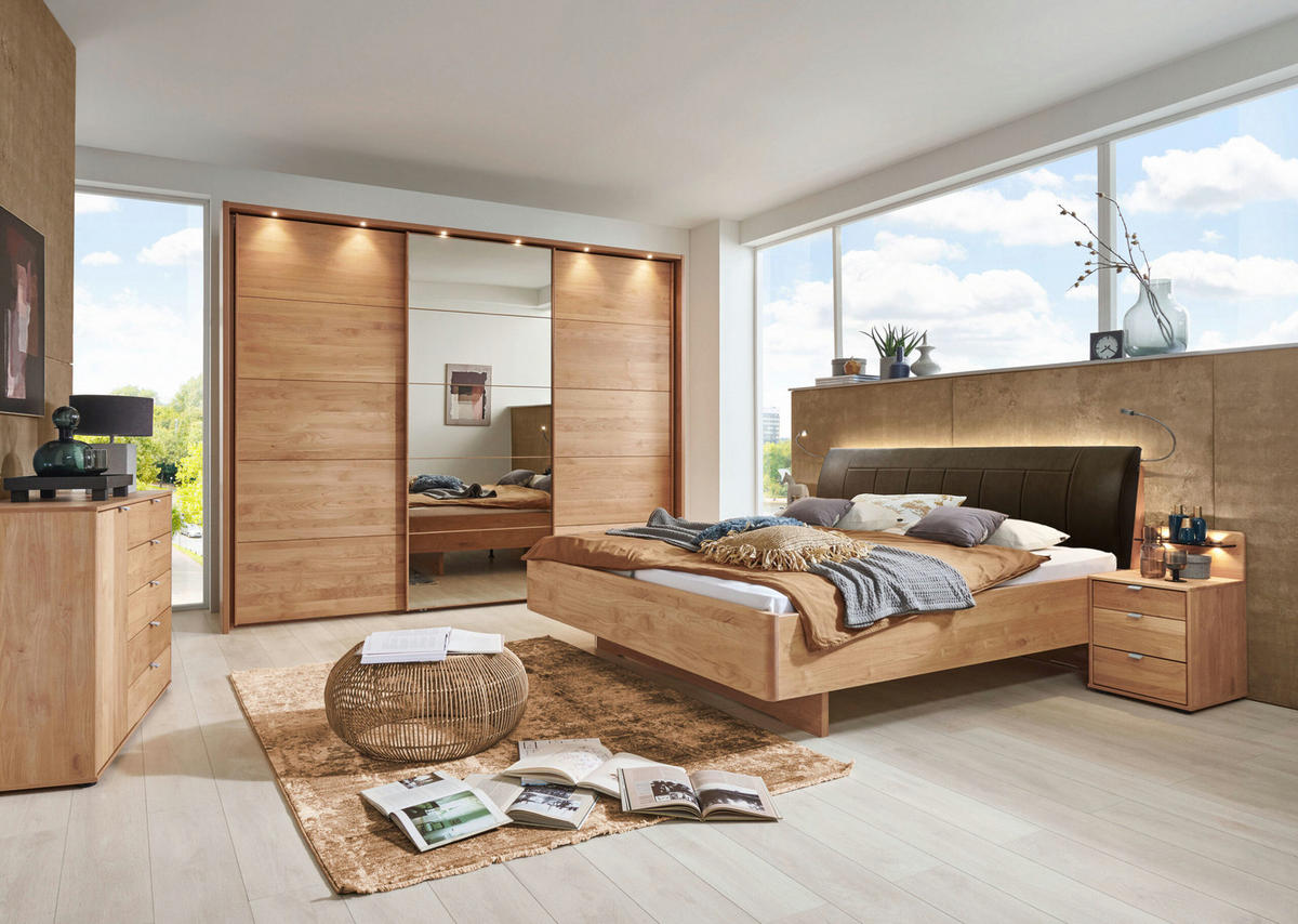 SCHLAFZIMMER Arden mit teilmassiver Erle und Mocca-Glas 4-teilig mit Schwebetürenschrank mit Spiegel, Doppelbett 180x200cm, zwei Nachttische - Braun, Holzwerkstoff (80/200/120cm)