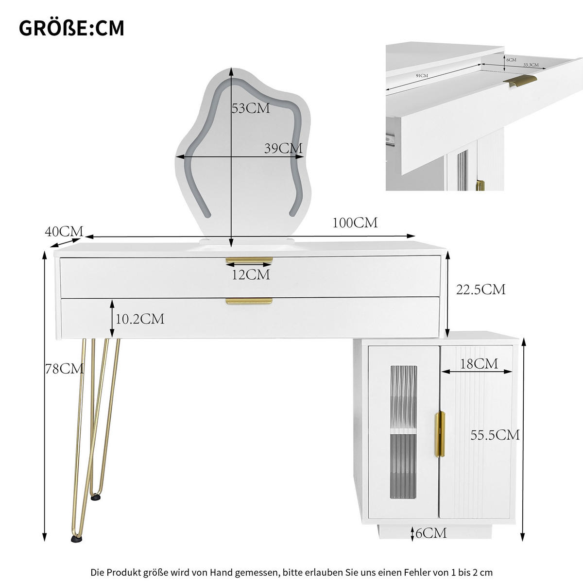 SCHMINKTISCH 100/40/78 cm Weiß mit LED-Beleuchtung und 2 Schubladen aus Spanplatte - Weiß, Holzwerkstoff (40/78/100cm) - OKWISH