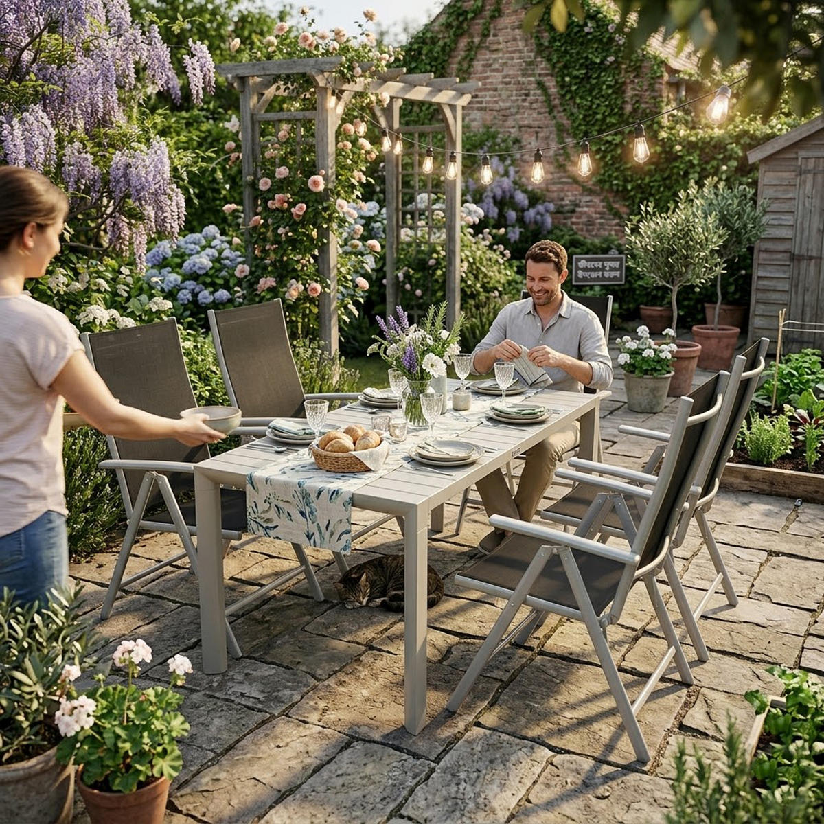 GARTEN-GARNITUR Sunderland - 5-teilige Garten-Essgruppe (4x Klappsessel mit Aluminiumgestell grau, Bespannung Textilene schwarz - Schwarz, Metall - TPFGarden