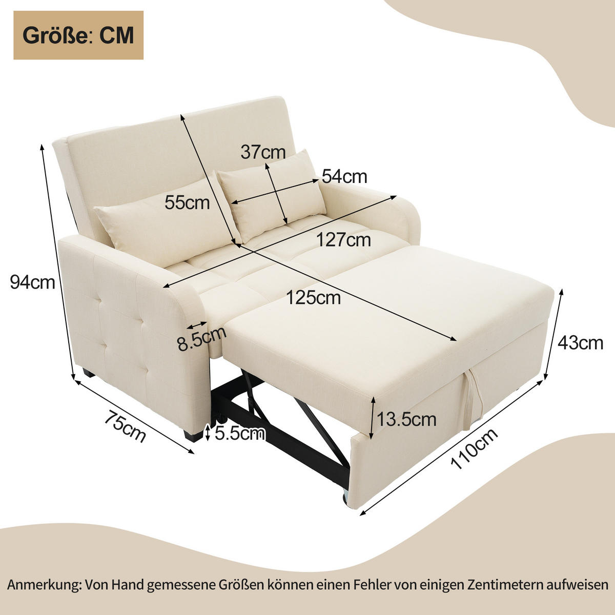 SCHLAFSESSEL Multifunktionales Klapp mit verstellbarer Rückenlehne Beige 127/75/94 cm - Beige, Kunststoff (127/94/75cm) - OKWISH