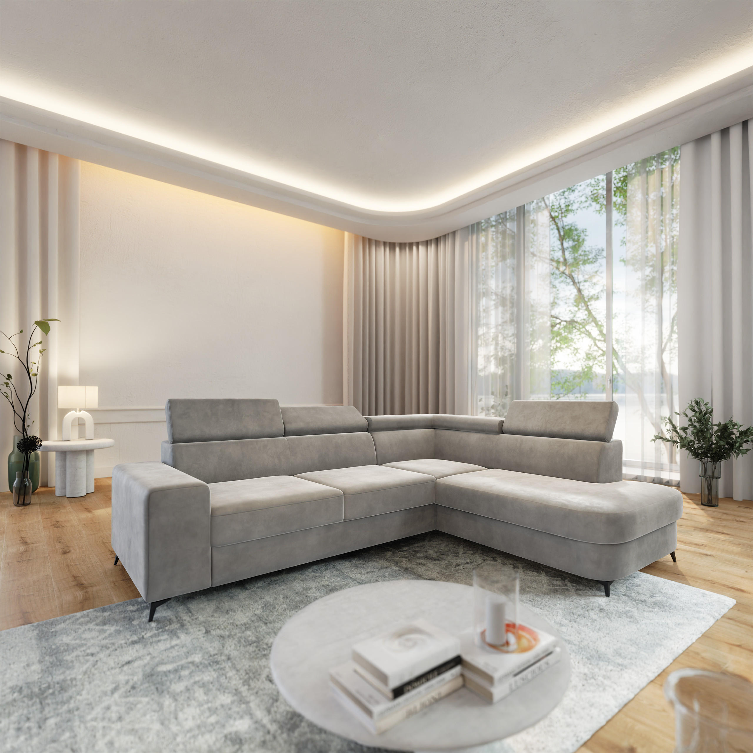 ECKSOFA ALVORO R-S Hellgrau Velours-Stoff mit Schlaffunktion - Hellgrau, Holz (253/190cm) - MASSENO