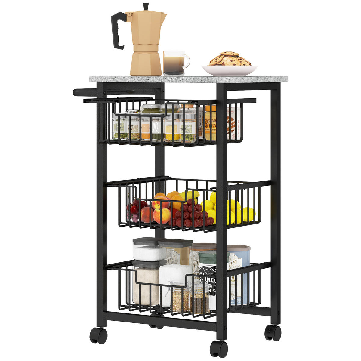 KÜCHENWAGEN DE-10343 3 Stahlkörbe und Rollen Hellgrau/Schwarz - Hellgrau, Metall (31/69/49.5cm) - ComfortXL