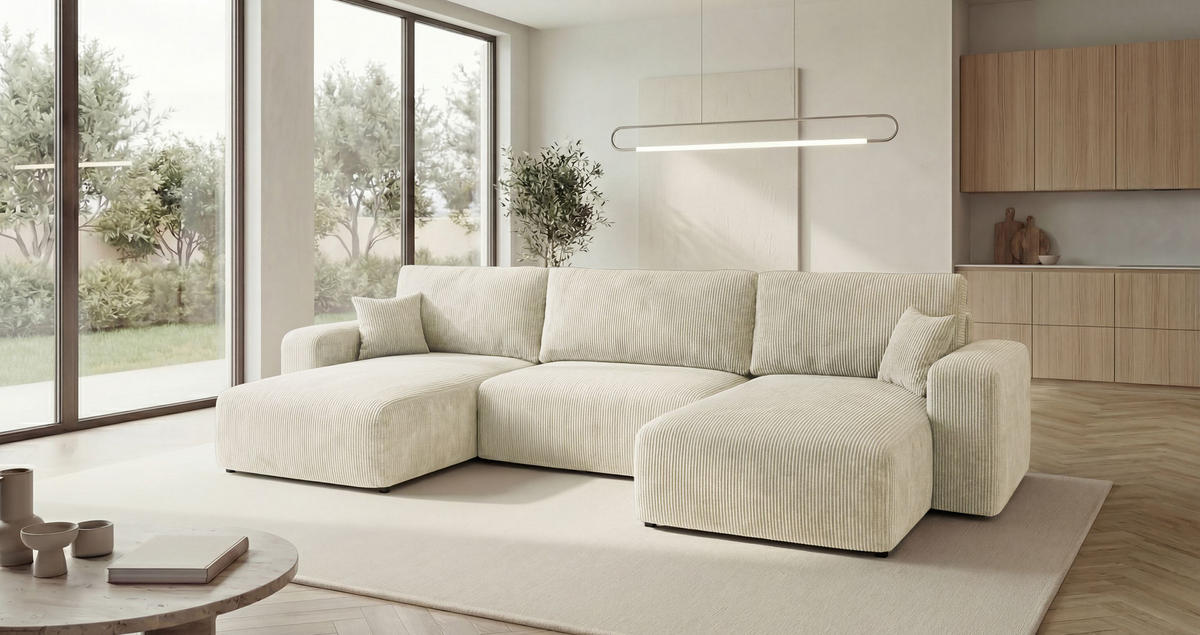 WOHNLANDSCHAFT BERLIN U-Form weiß Cord Poso 100 - Schlaffunktion, Bettkasten - Weiß, Textil (385/86/185cm) - Cornero