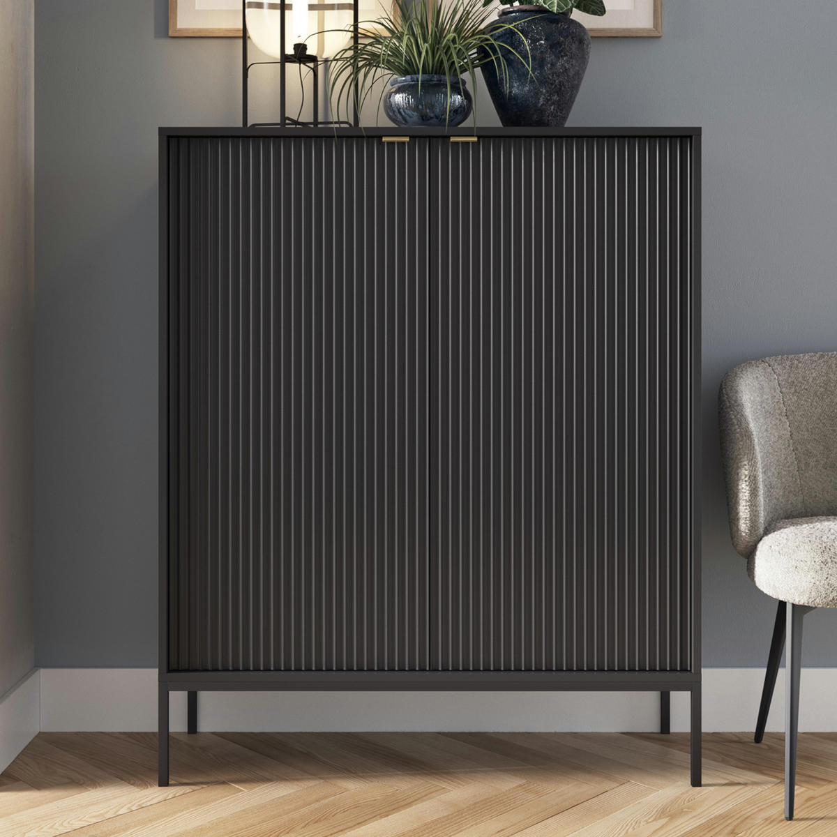 SIDEBOARD NANAIMO KOM1-2D Profilierte Fronten, Schwarz - Schwarz, Holzwerkstoff/Kunststoff (104/125/39cm) - Komodee