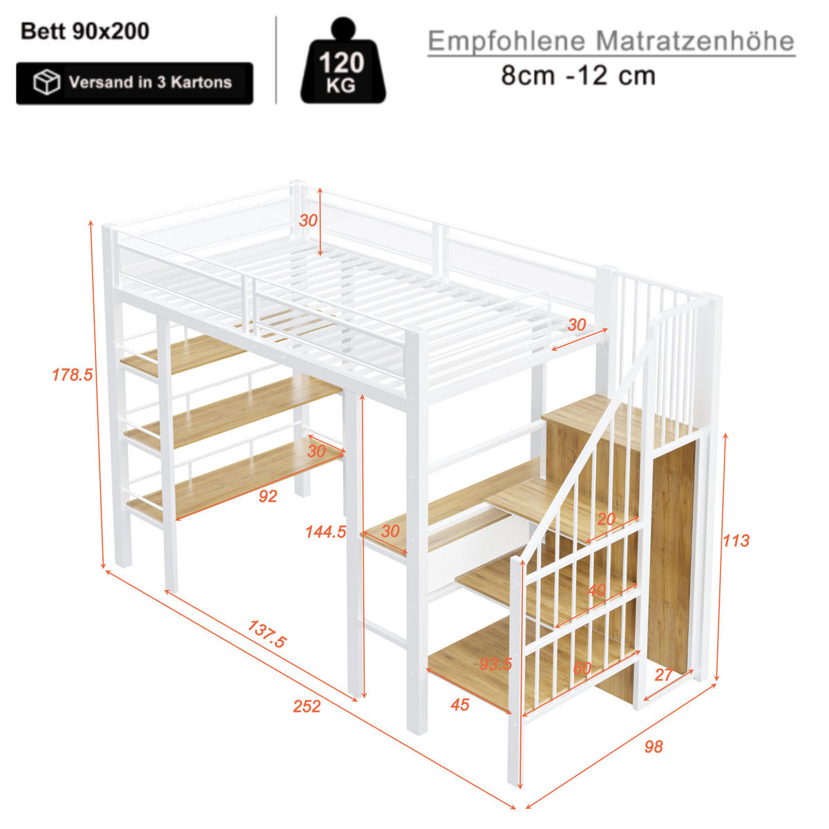 HOCHBETT Eisen 90/200 cm Weiß - Weiß, Metall - Raumix