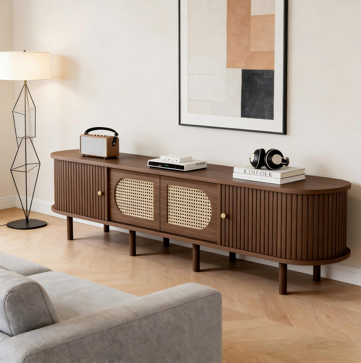 TV stolek 180/40/40 cm se 2 dvířky, 2 roletovými dvířky a MDF korpusem, Tmavý dub - barva vlašského ořechu/hnědá, kompozitní dřevo (180/40/40cm) - Redom