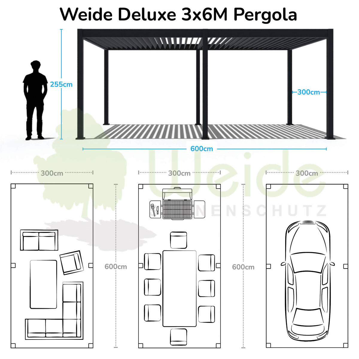 PERGOLA Deluxe Elektrisch Pavillon Terrassenüberdachung Aluminium LED 3 x 6 m - Weiß, Metall (300/255/600cm) - WEIDE
