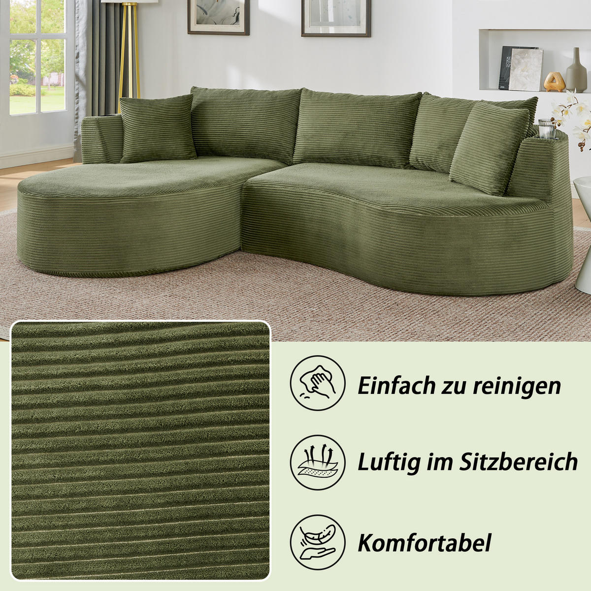 3-SITZER ECKSOFA Cord Grün mit Getränkehaltern und mit Kissen - Grün, Textil (264/168cm) - WISHDOR