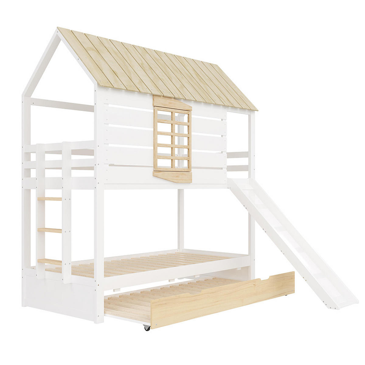 HAUSBETT 90X200 cm mit Rutsche und Ausziehbett, Weiß+Natural - Weiß, Holz (90/200cm) - KOMHTOM