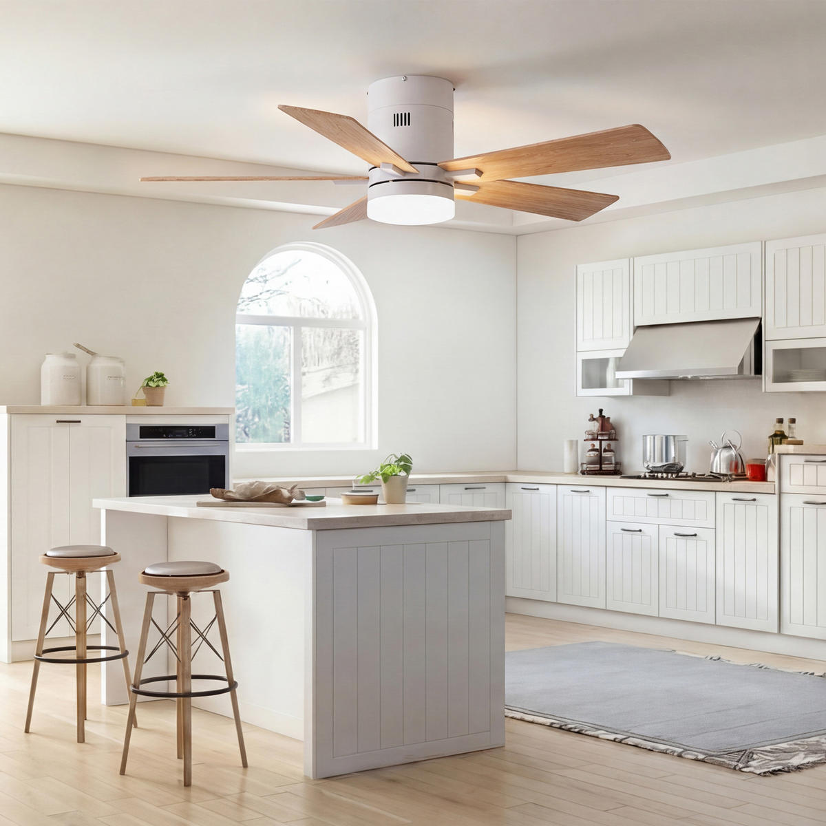 STROPNI ventilator z LED lučko, 106,6 cm, 5 lesenih lopatic, 6 hitrosti in časovnik - naravne barve, kovina (106.6/106.6/28cm) - EuroLiving