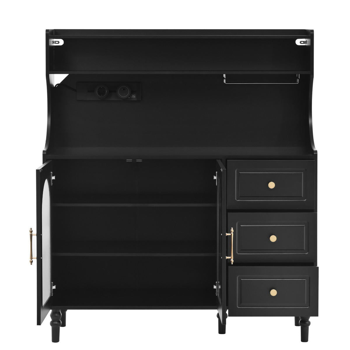 BUFFETSCHRANK 120/40/138,5 cm mit Steckdose, USB- und Typ-C-Anschluss, Gläserhalter und 3 Schubladen aus MDF, Schwarz - Schwarz, Holzwerkstoff (120/138.5/40cm) - Redom
