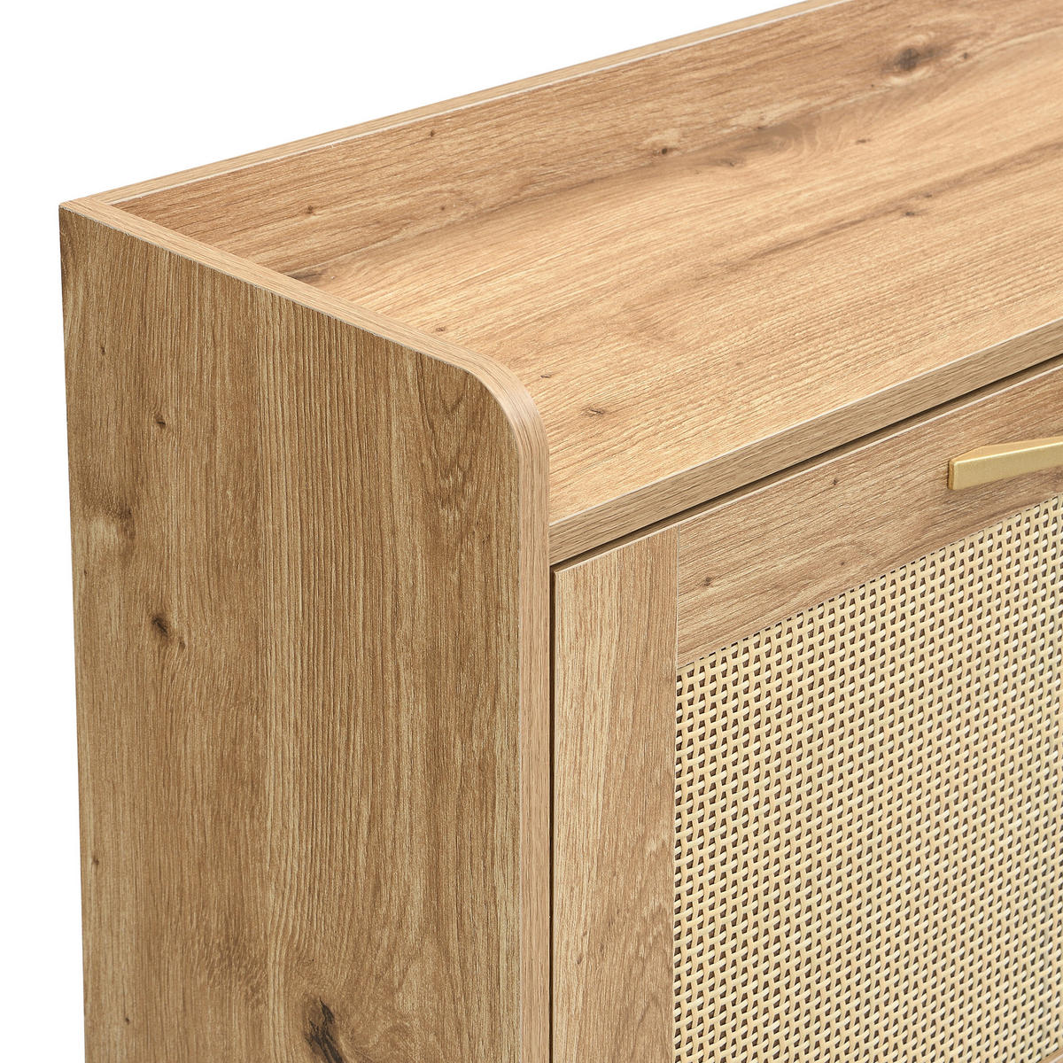 SCHUHSCHRANK in Naturfarben mit Rattantüren, 4 Türen, Metallrahmen und oberem Regal für Flur , B108.5/T24/H100cm - Goldfarben/Naturfarben, Holzwerkstoff/Metall (105/100/24cm) - STILVORA