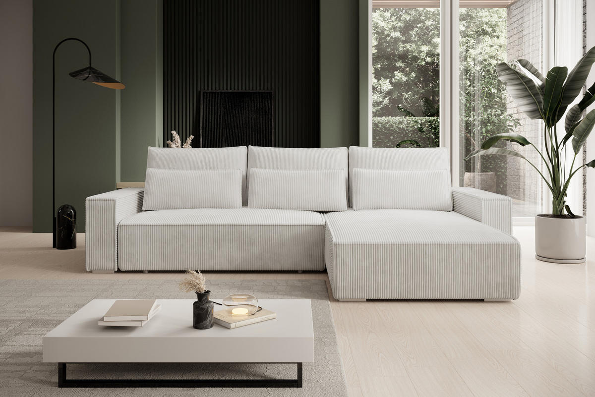 ECKSOFA Alice mit Bettkasten und Schlaffunktion, Cordstoff in L-Form - Creme, Textil (289/184cm)