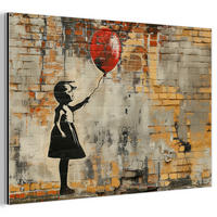 METALLBILD Graffiti - Banksy - Mädchen - Straßenkunst 90x60 cm - Sandfarben, Metall (90/60cm) - MuchoWow