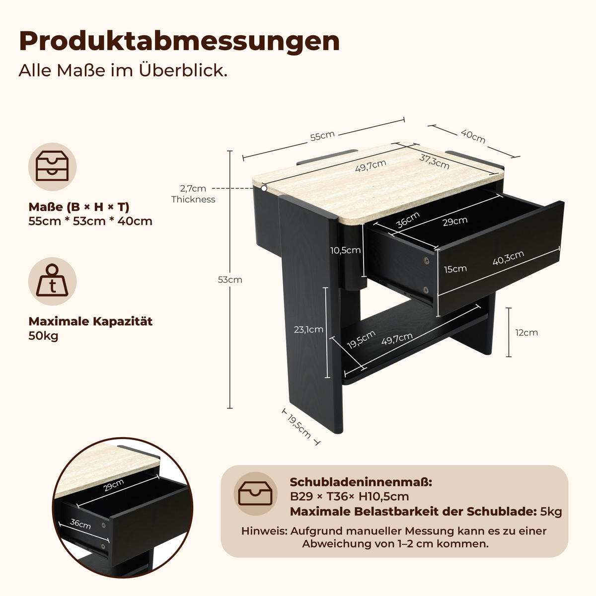 NACHTTISCH schwarz, B 55 × T 40 × H 53 cm - Schwarz, Holz (55/53/40cm) - Hometopia
