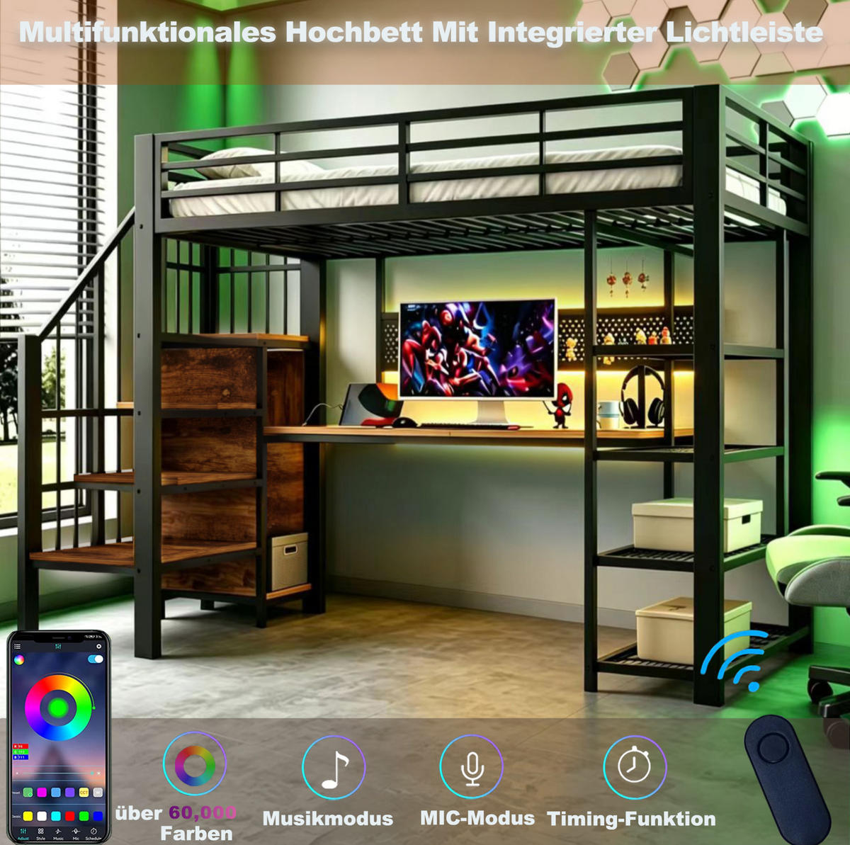 HOCHBETT 90/200 cm mit Stauraumtreppe, Schreibtisch, LED-Beleuchtung und Steckdose, Schwarz - Schwarz, Metall (90/200cm) - Redom