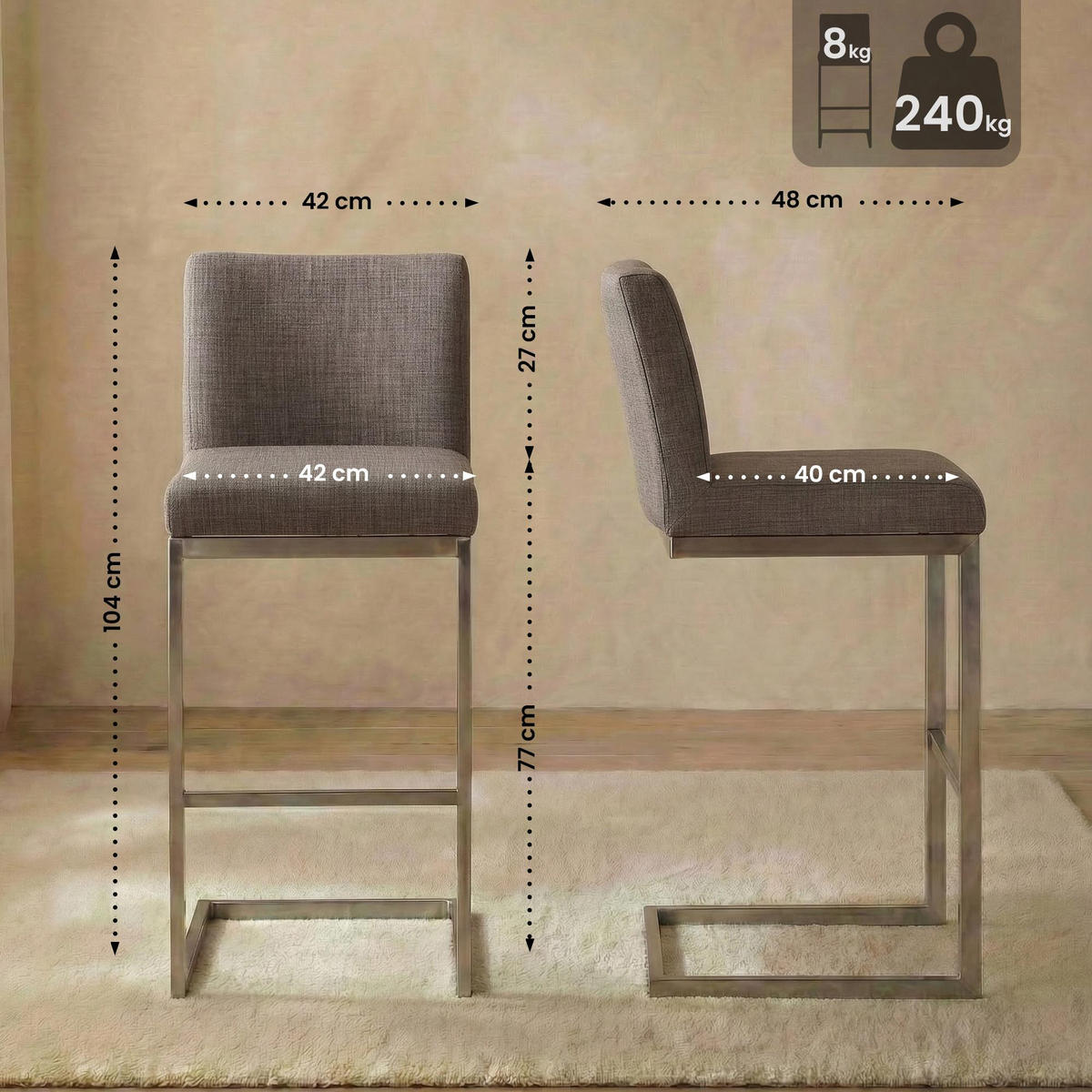 BARHOCKER Stoff Grau - Chromfarben/Grau, Textil/Metall (42/104/48cm) - CLP