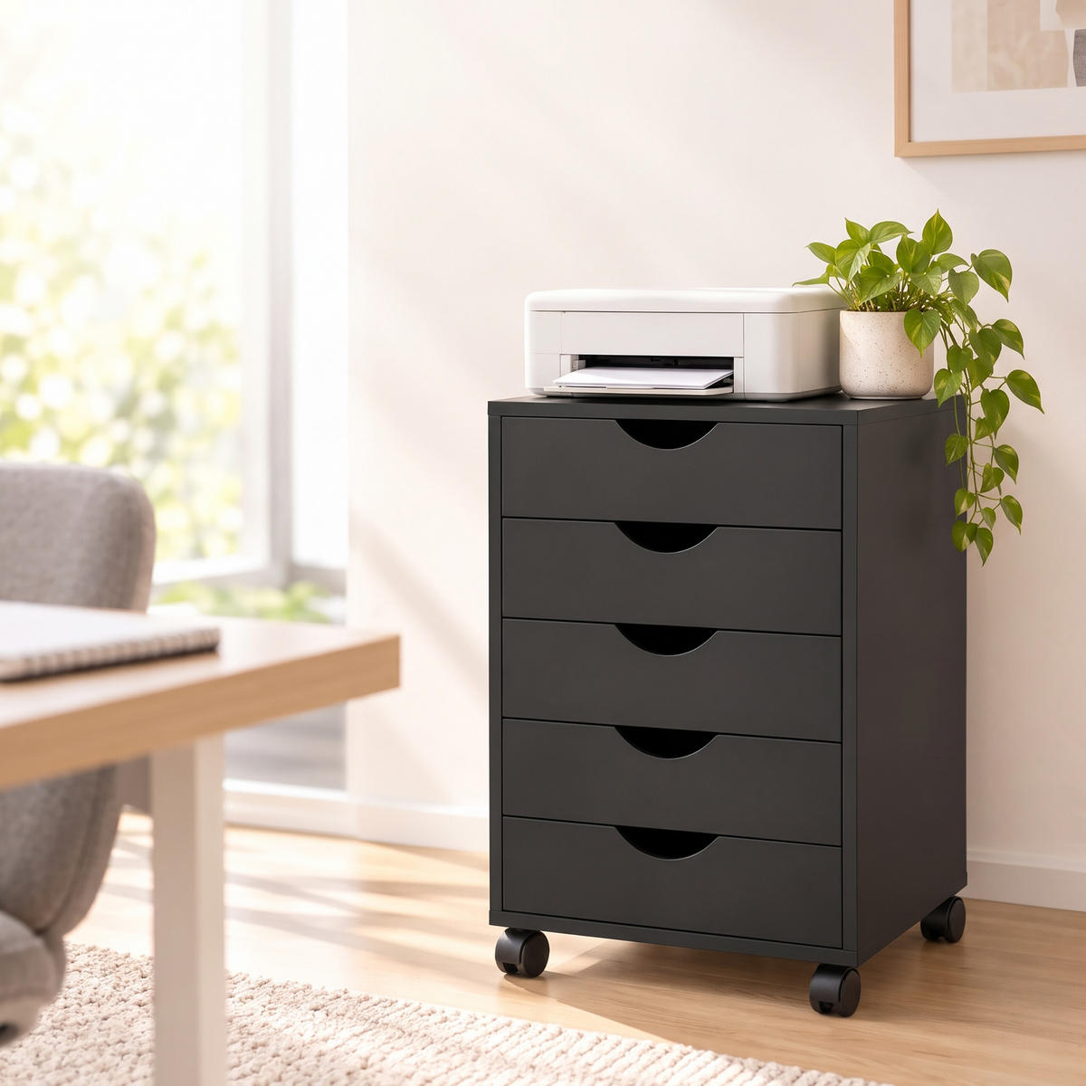 ROLLCONTAINER Schwarz 5 Schubladen auf Rollen 69 cm - Schwarz, Holzwerkstoff/Kunststoff (45/69/40cm) - Relaxdays