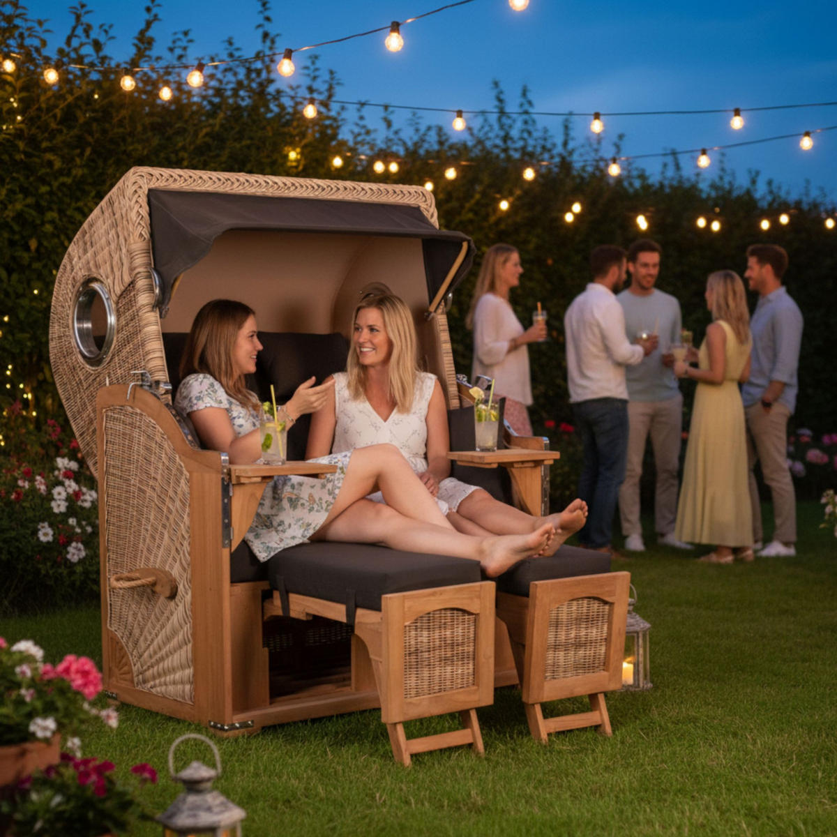 STRANDKORB Düne 2-Sitzer Teak Shell - Schwarz/Braun, Holz/Metall (125/170/80cm) - Mr. Deko