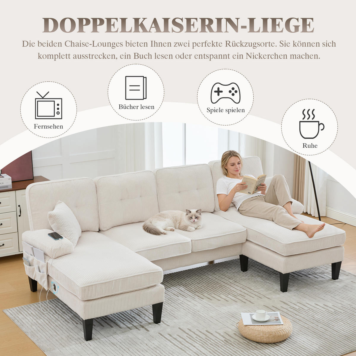 WOHNLANDSCHAFT 250/130/88 cm Beige mit Aufbewahrungsfach und USB/Type-C-Ladeanschluss - Beige, Textil (250/88/130cm) - Oxeza