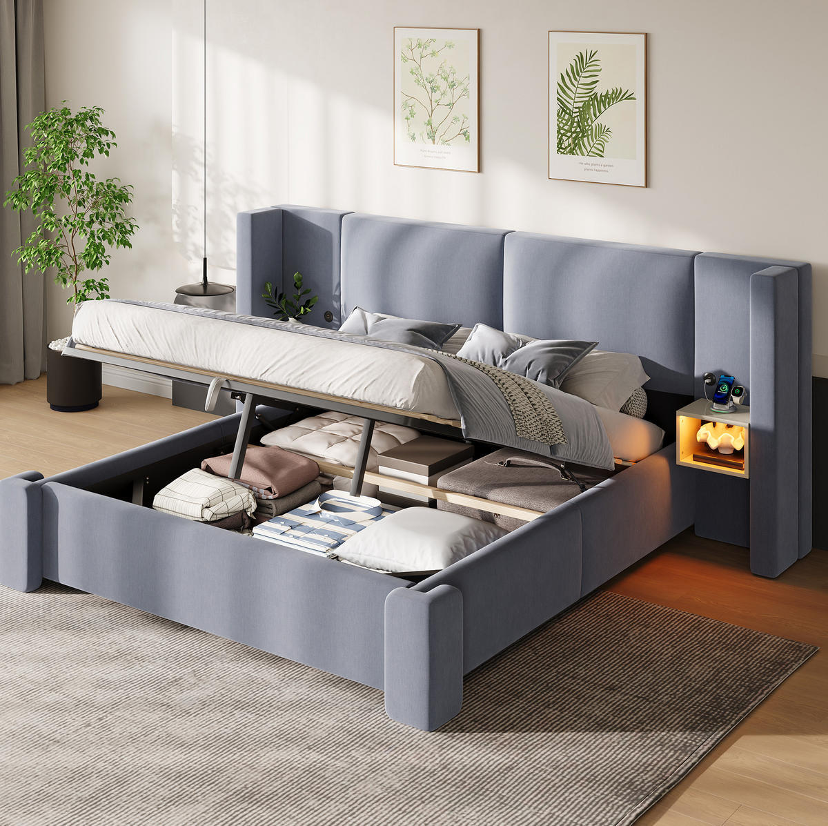 POLSTERBETT aus Leinen und MDF 180x200 cm Grau mit LED-Beleuchtung und hydraulischem Stauraum - Grau, Textil (180/200cm) - Modfu