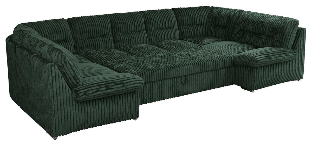 WOHNLANDSCHAFT COMODO U Grün Cord - Silberfarben/Grün, Textil/Metall (340/93/206cm) - MKS