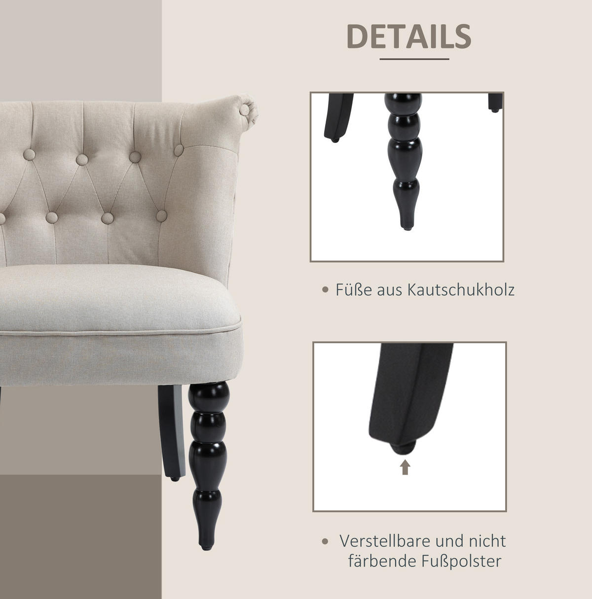 POLSTERSESSEL Vintage-Stil Leinenbezug mit Knopfdesign 67/67/78 cm Beige - Beige, Textil (67/78/67cm) - Redom