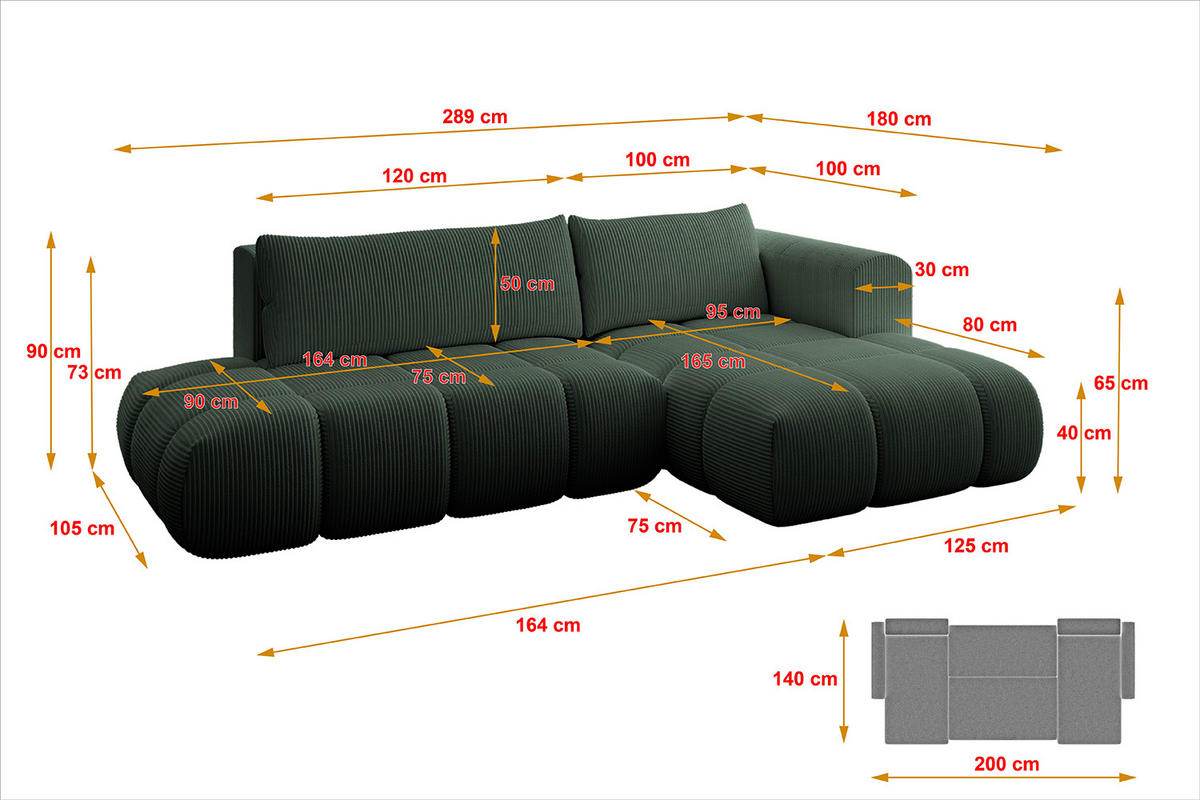 ECKSOFA Ottomane Rechts CLOUD-L 289x180x40 Grün Cord - Grün, Holzwerkstoff/Kunststoff (289/180cm) - ALTDECOR