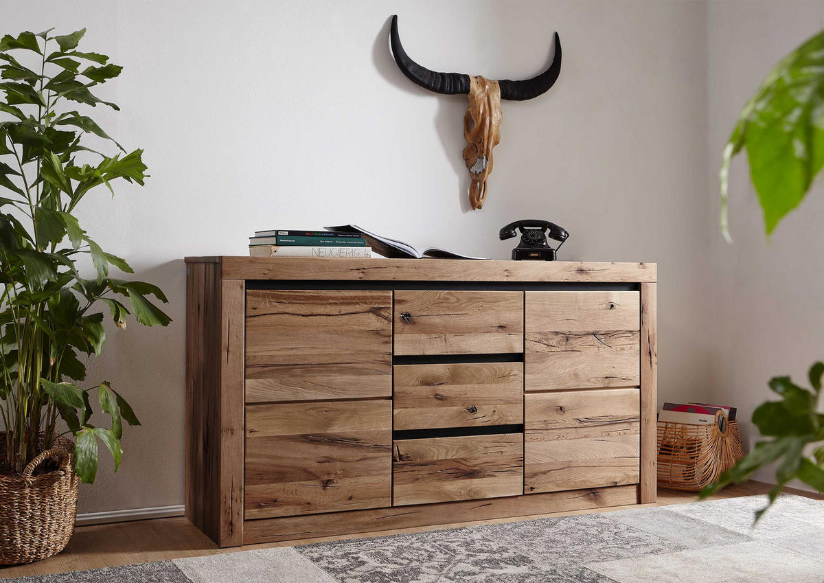 SIDEBOARD Wildeiche / Zerreiche 155x43x80 braun geölt MONTREUX #354 - Braun, Holzwerkstoff (155/80/43cm) - Massivmoebel24