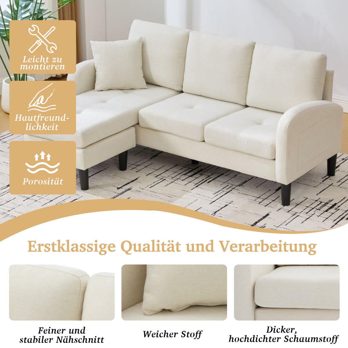 ECKSOFA Baumwoll-Leinenbezug mit modularer Chaiselongue Hellbeige 166/118/77 cm - Beige/Weiß, Textil (166/118cm) - Redom
