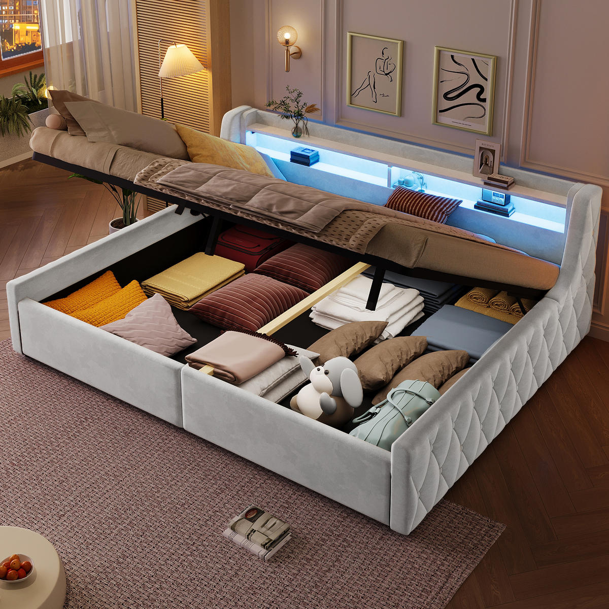 POLSTERBETT 140/200 cm in Off White Flanell mit Bettkasten und LED - Beige, Holzwerkstoff/Textil (140/200cm) - WISHDOR