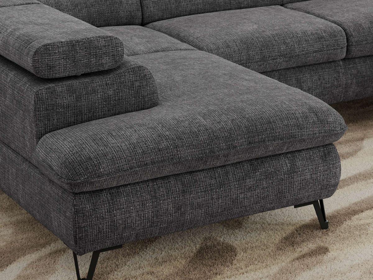 WOHNLANDSCHAFT PABLO U Schenille grob gewebt Grau - Schwarz/Grau, Textil/Metall (346/76/208cm) - MKS