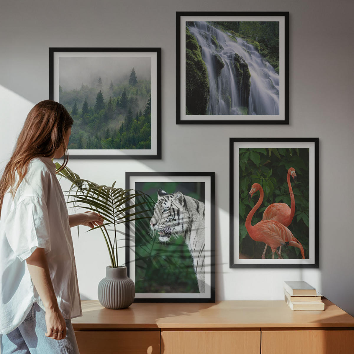 WANDBILDER 4er-Set - 50x50 cm & 40x60 cm Schwarzer Rahmen - Tiger Wasserfall Flamingos Natur - Schwarz, Kunststoff (50/50cm) - ArtPrintCave